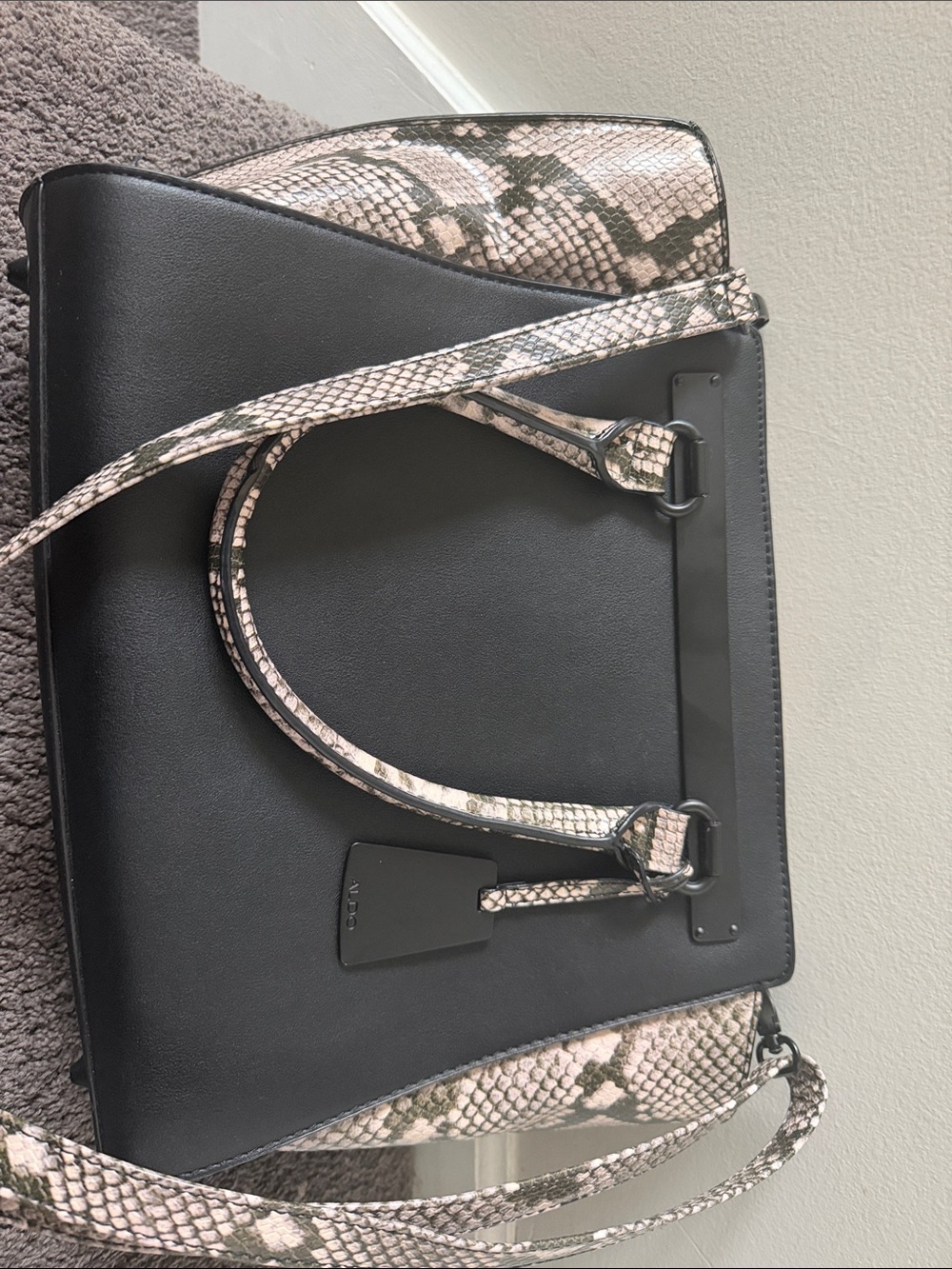 Aldo Black Tote with Pink Snake-Print Accents